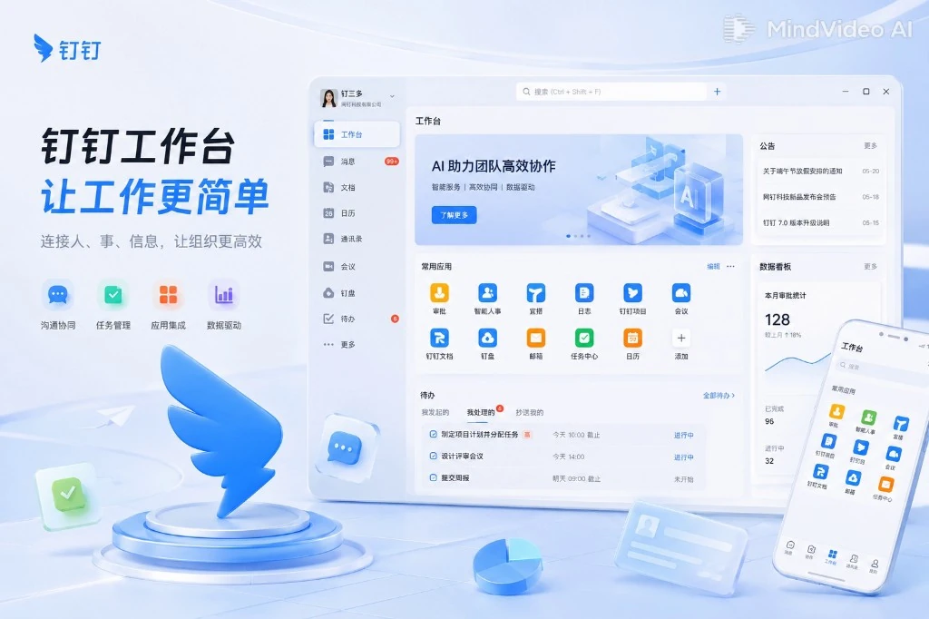 钉钉网页版主界面与协同工作台展示